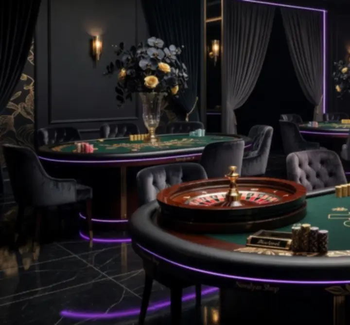 Profesjonalna scenografia eventu kasynowego z pokerowymi stołami i światłem neonowym