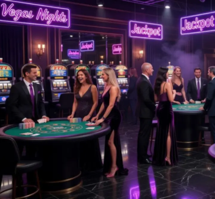 Wieczór tematyczny Las Vegas z neonową scenografią i stołami kasynowymi